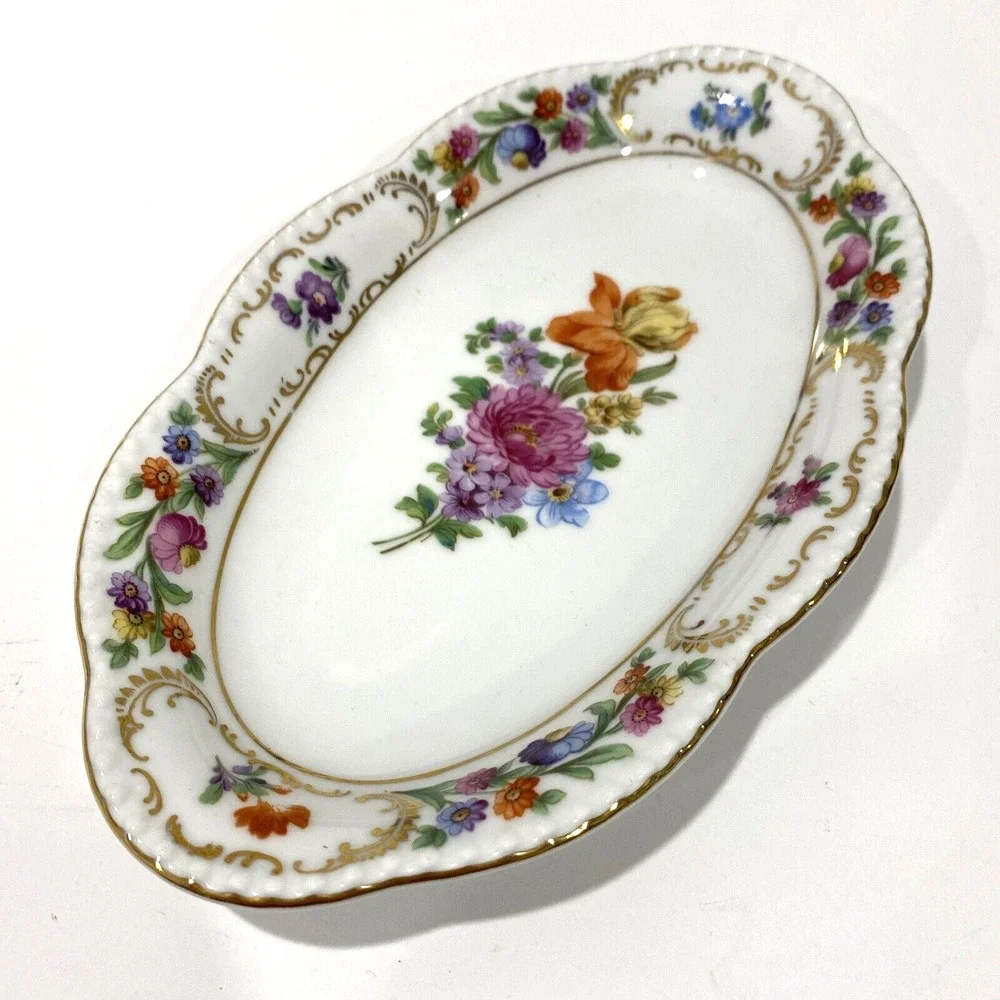 Vintage Schumann Bavarian porcelain relish dish oval floral colorful display